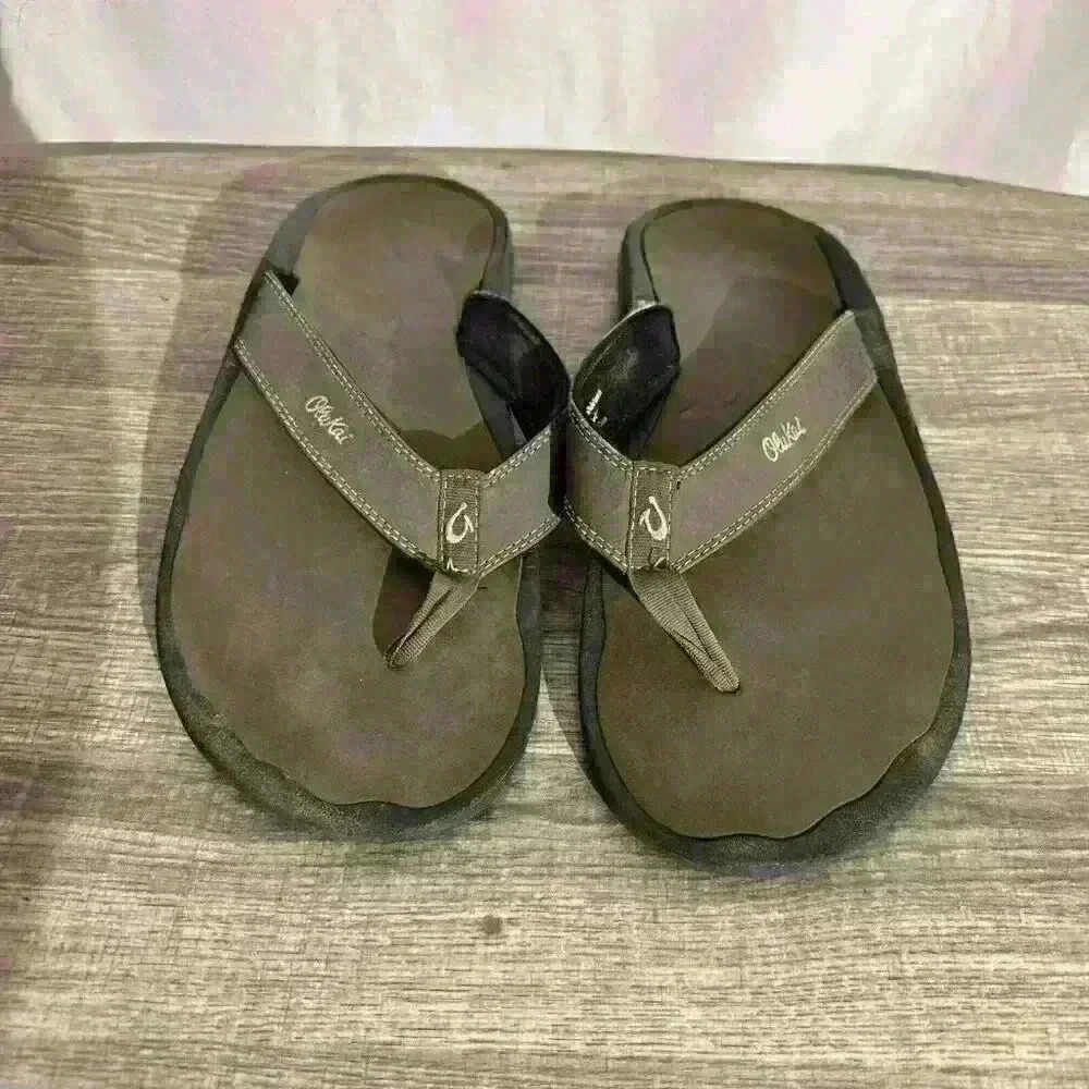 OluKai Ohana Men's Beach Sandals - Black/ Green‎ Size 14